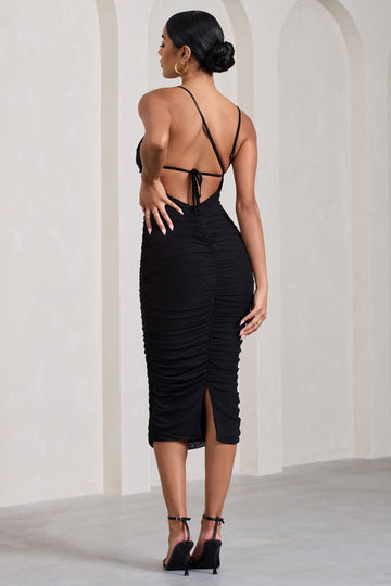 Bree Black Ruched Mesh Strappy Bodycon Midi Dress